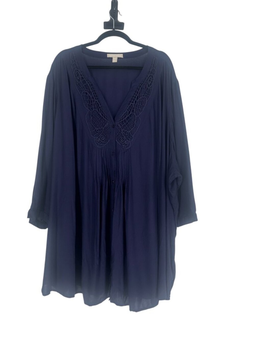 Woman Within Navy Button Front Tunic Blouse 5X Crochet Lace Trim Boho Rayon